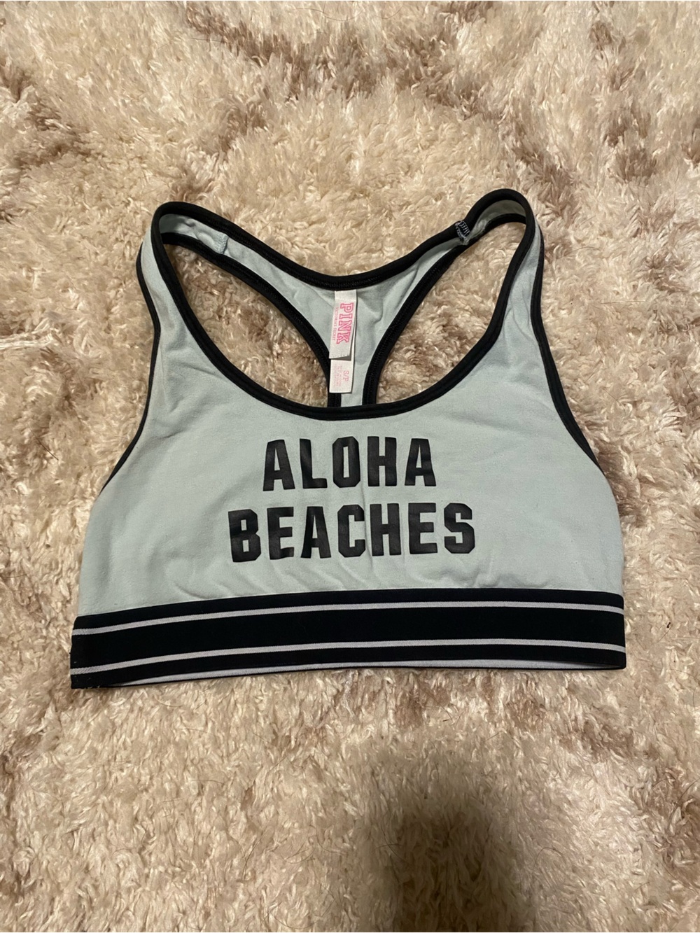 PINK Victoria's Secret Light Blue & Black 'Aloha Beaches' Sports Bra